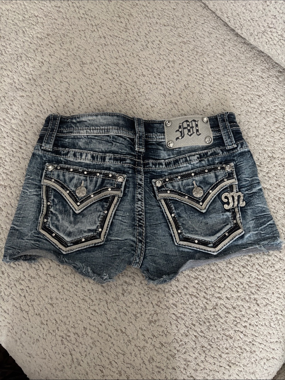 Miss Me Distressed Blue Denim Jean Shorts with Embellished Back Pockets